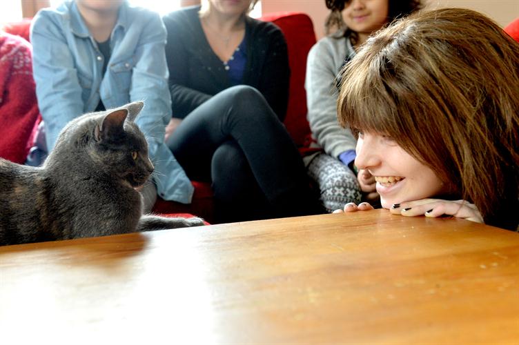 Regards complices entre Pauline et la mascotte de la maison.
