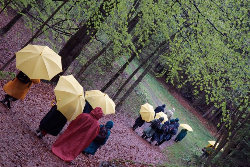 Cet après-midi, ça choit généreusement ! Tous en chemin ! Les parapluies de chère boue…