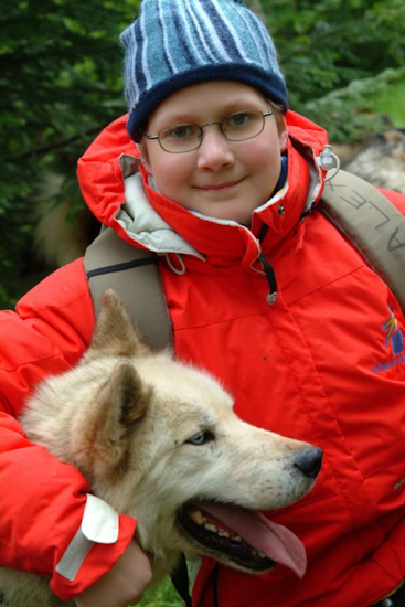 Alex en toute complicité avec son chien de tête Kodiak !